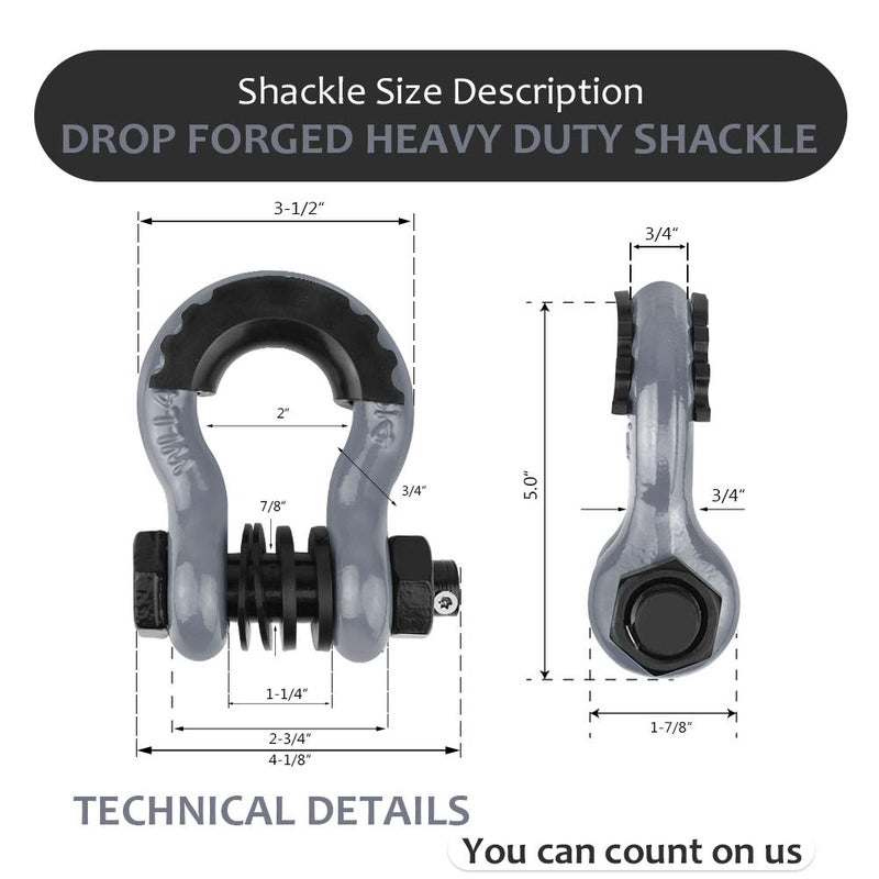 AMBULL Shackles 3/4" D Ring Shackle (2 Pack) 45,0000lb Break Strength with 7/8" Pin, Anti Theft Security Screws, Isolator & Washer Kits for Use with Tow Strap Winch Truck Vehicle Recovery, Grey - Image 3